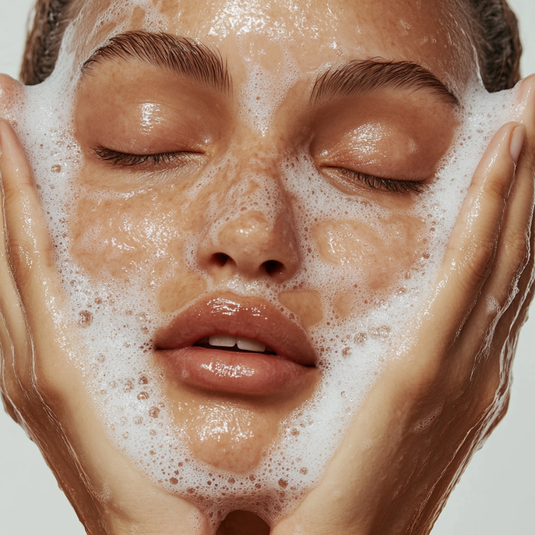 Person washing their face with soapy hands against a neutral background
