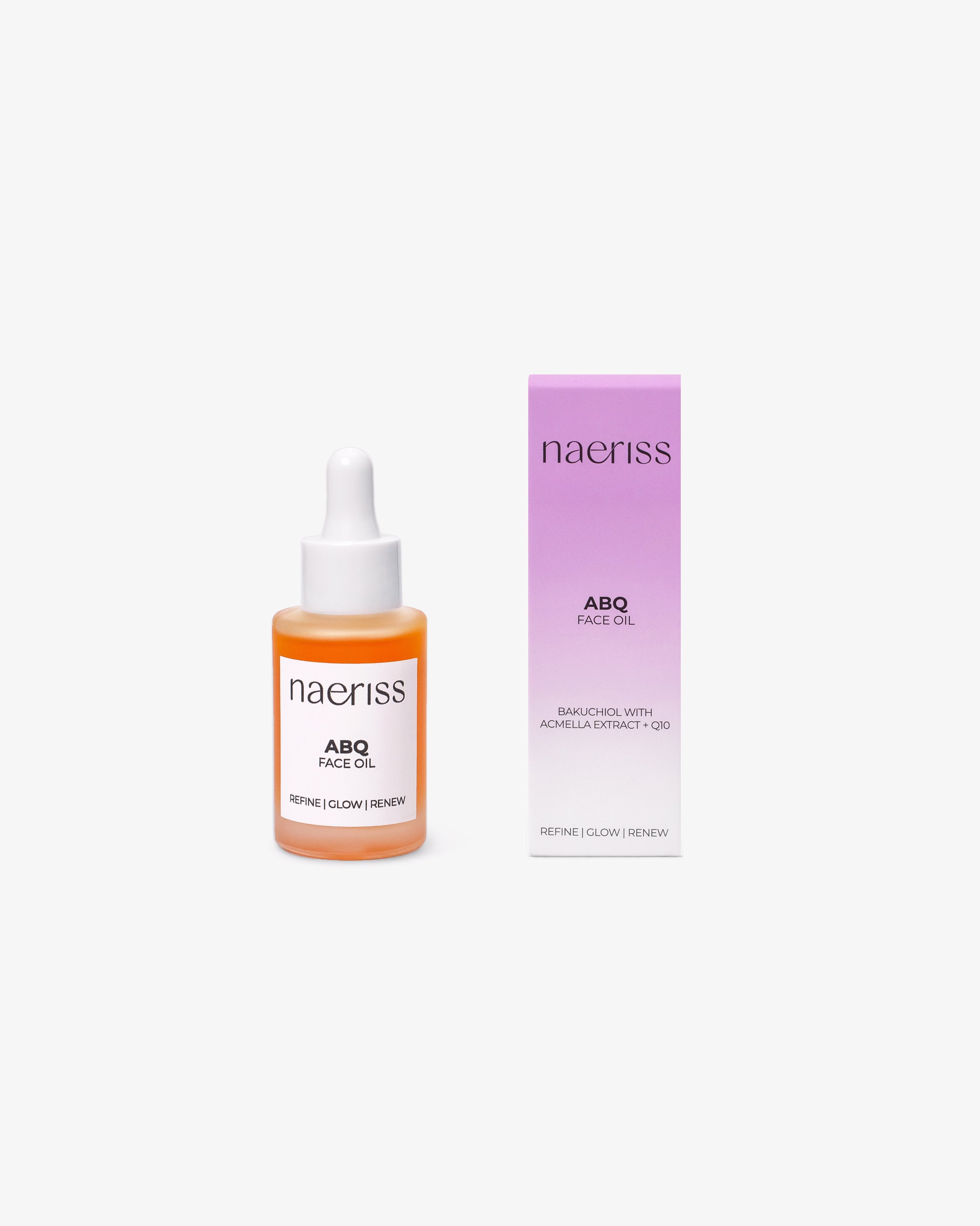 Naeriss ABQ Face Oil shown in a frosted glass dropper bottle with a rich orange hue, next to a purple gradient box labeled with bakuchiol, acmella extract, and coenzyme Q10. This antioxidant-rich facial oil is formulated to refine skin texture, promote glow, and support visible skin renewal.
