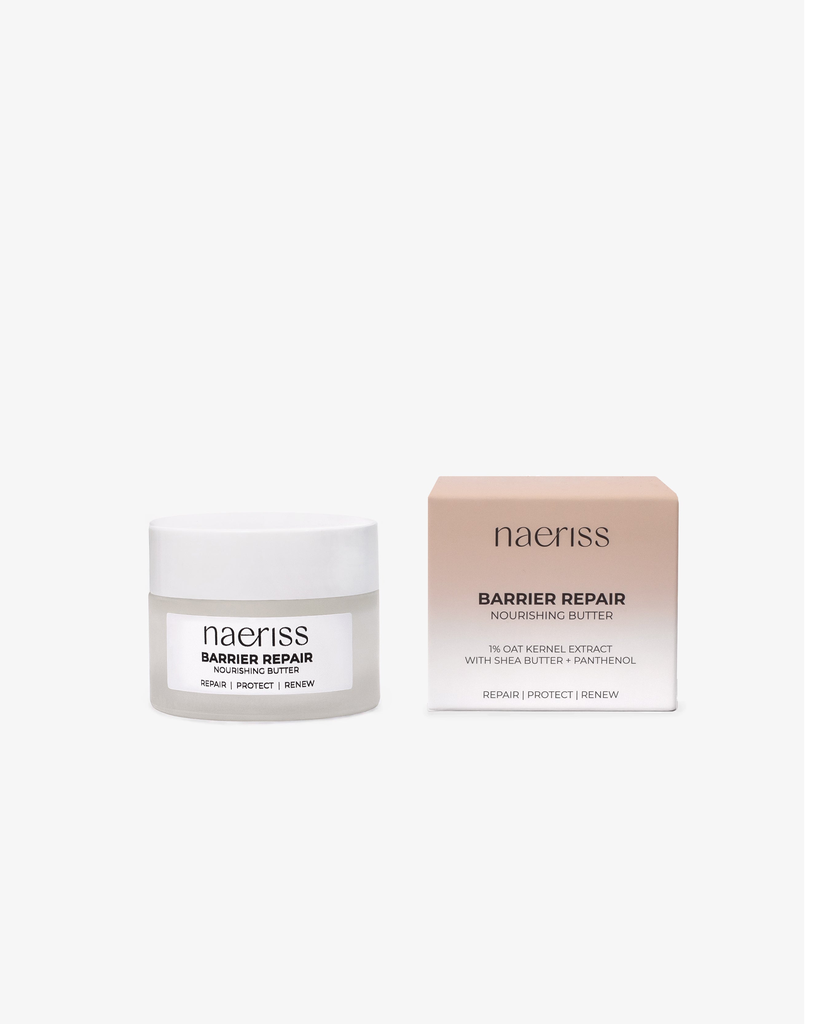 Naeriss Barrier Repair Nourishing Butter for face, shown in a frosted white jar alongside its gradient beige box, labeled with 1% oat kernel extract, shea butter, and panthenol. Designed to support skin barrier repair, protection, and renewal for dry or sensitive skin.