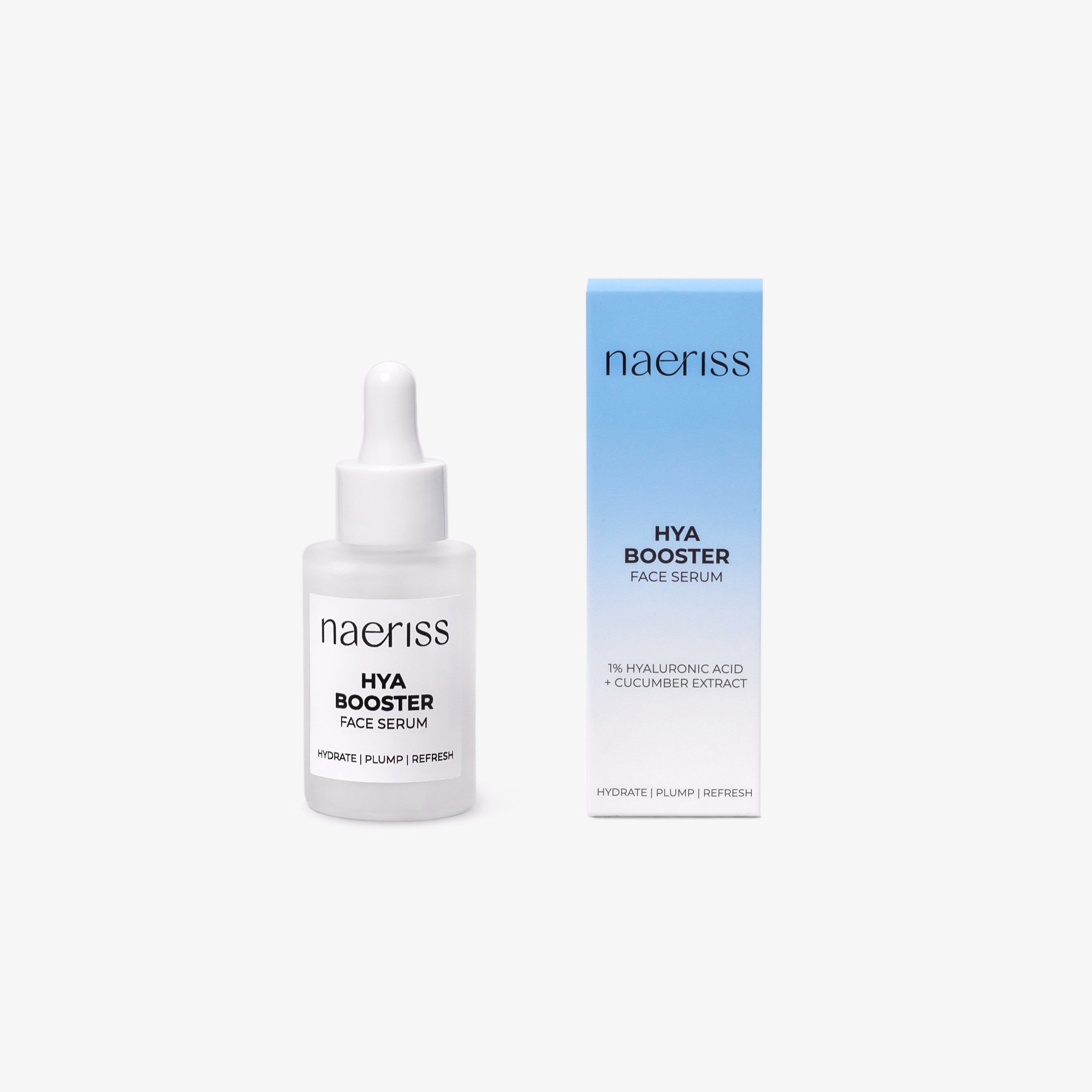 Naeriss HYA Booster Face Serum in a frosted glass dropper bottle, paired with a light-to-deep blue gradient box labeled with 1% hyaluronic acid and cucumber extract. Designed to deeply hydrate, visibly plump the skin, and provide a refreshing moisture boost for dehydrated skin types.