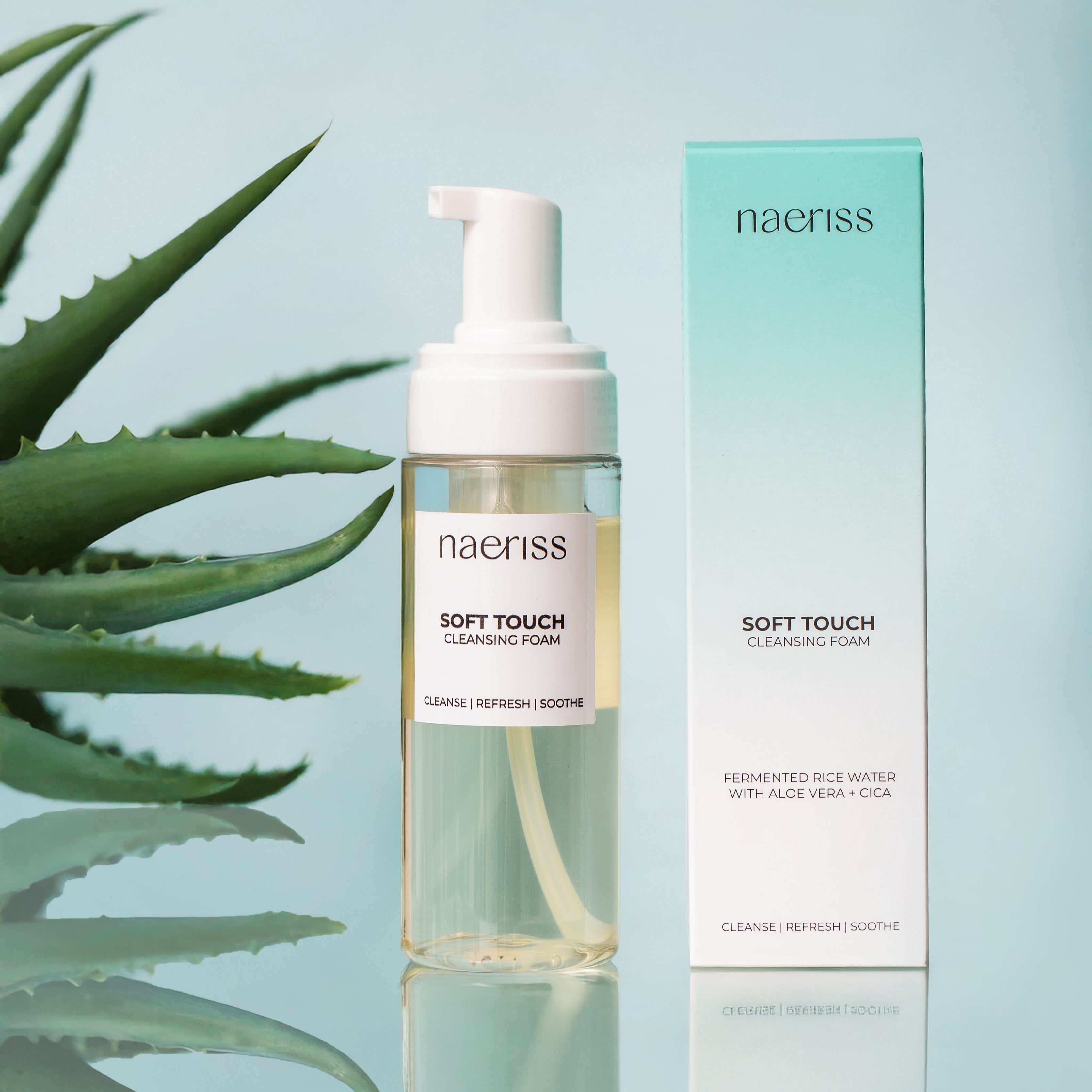 Naeriss Soft Touch Cleansing Foam bottle and packaging on a light blue background with aloe vera plant.