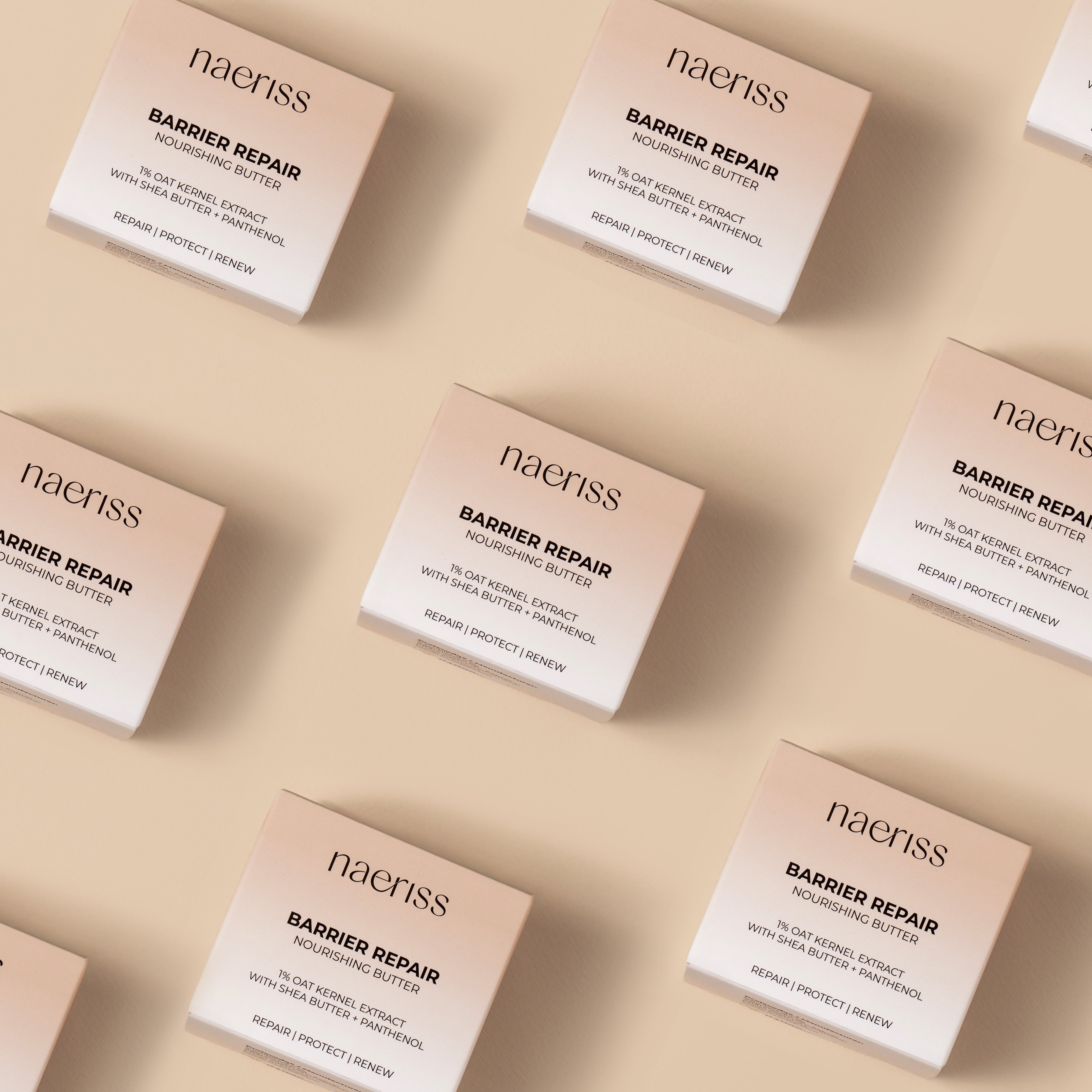 Multiple boxes of naeriss Barrier Repair product on a beige background