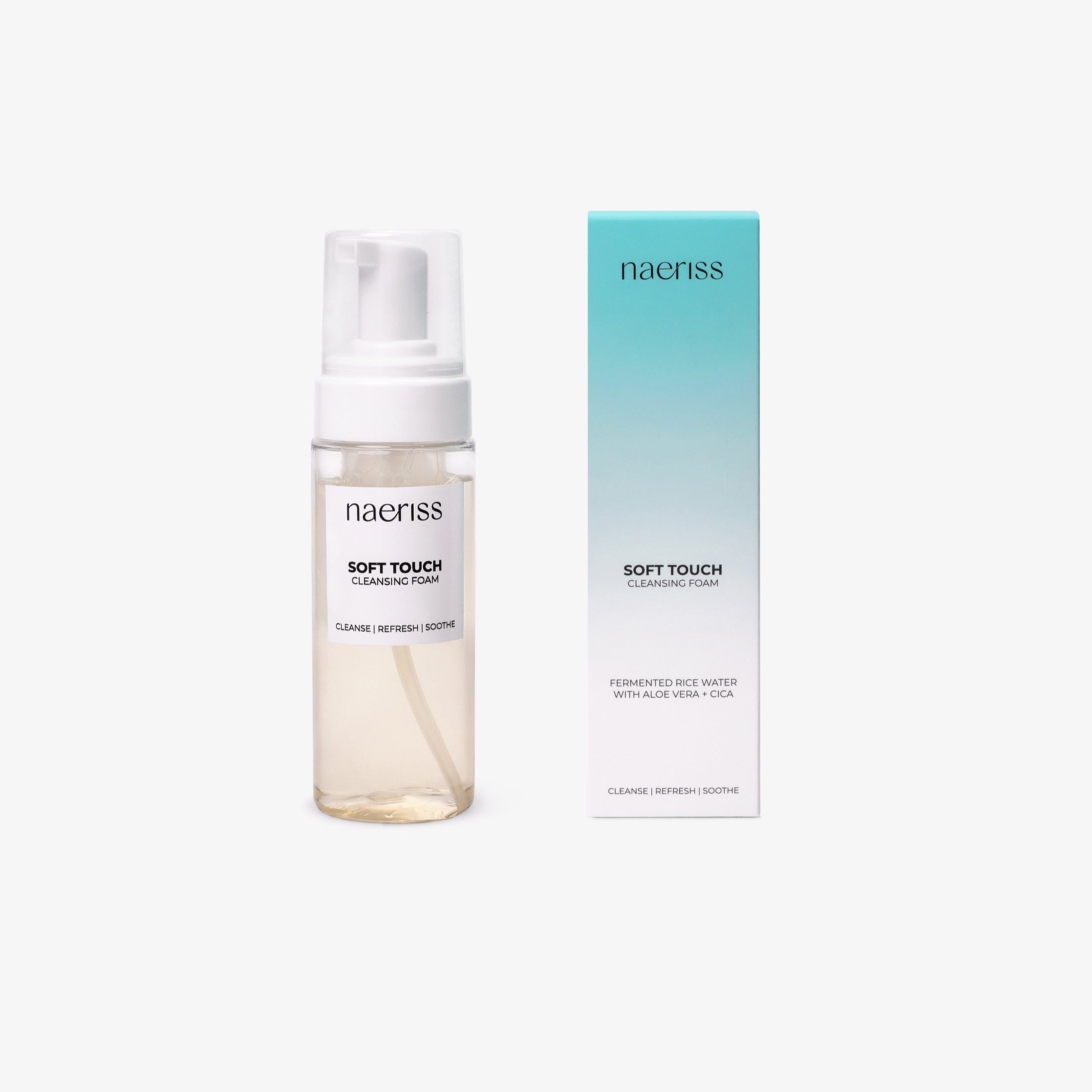 Naeriss Soft Touch Cleansing Foam in a transparent pump bottle with light beige liquid, shown next to a turquoise-to-white gradient box labeled with fermented rice water, aloe vera, and CICA. A gentle foaming face wash formulated to cleanse, soothe, and refresh sensitive or reactive skin.