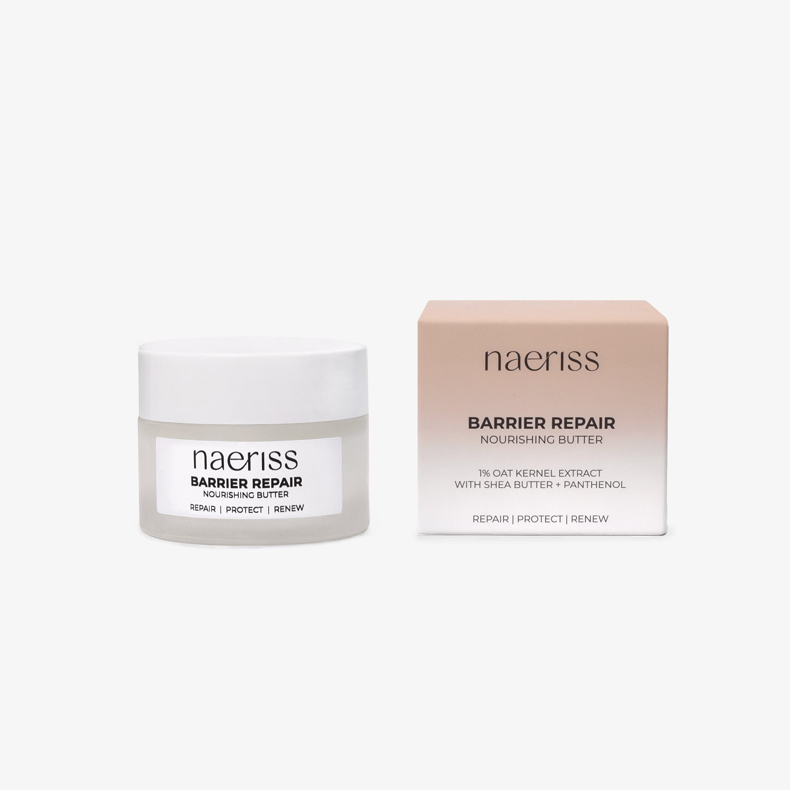 Naeriss Barrier Repair Nourishing Butter for face, shown in a frosted white jar alongside its gradient beige box, labeled with 1% oat kernel extract, shea butter, and panthenol. Designed to support skin barrier repair, protection, and renewal for dry or sensitive skin.