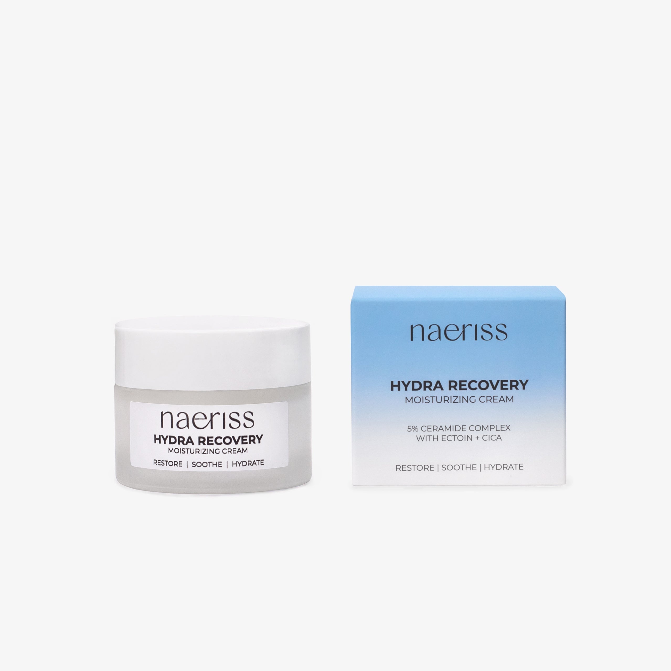Naeriss Hydra Recovery Moisturizing Cream displayed in a frosted white jar next to a blue gradient box, labeled with 5% ceramide complex, ectoin, and CICA. Formulated to restore hydration, soothe irritation, and strengthen the skin barrier—suitable for dry, dehydrated, or stressed skin.